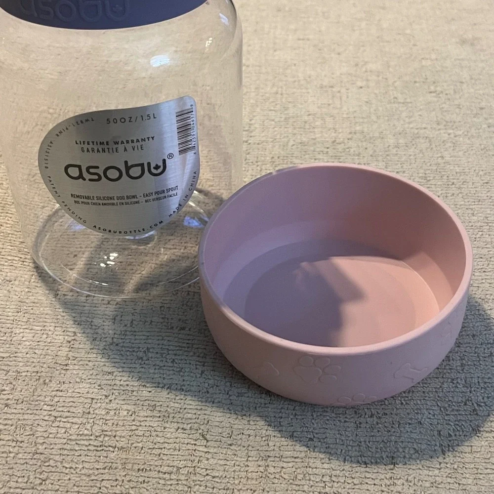 Asobu Dog Starter Water Bottle 50oz 1.5L Pink Removable Silicone Bowl TWB21